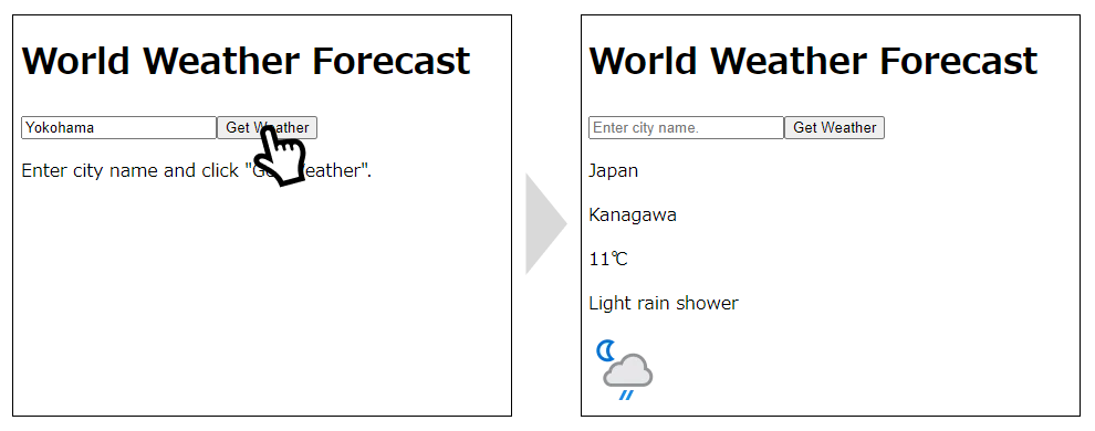 天気情報を取得するアプリケーションの画面